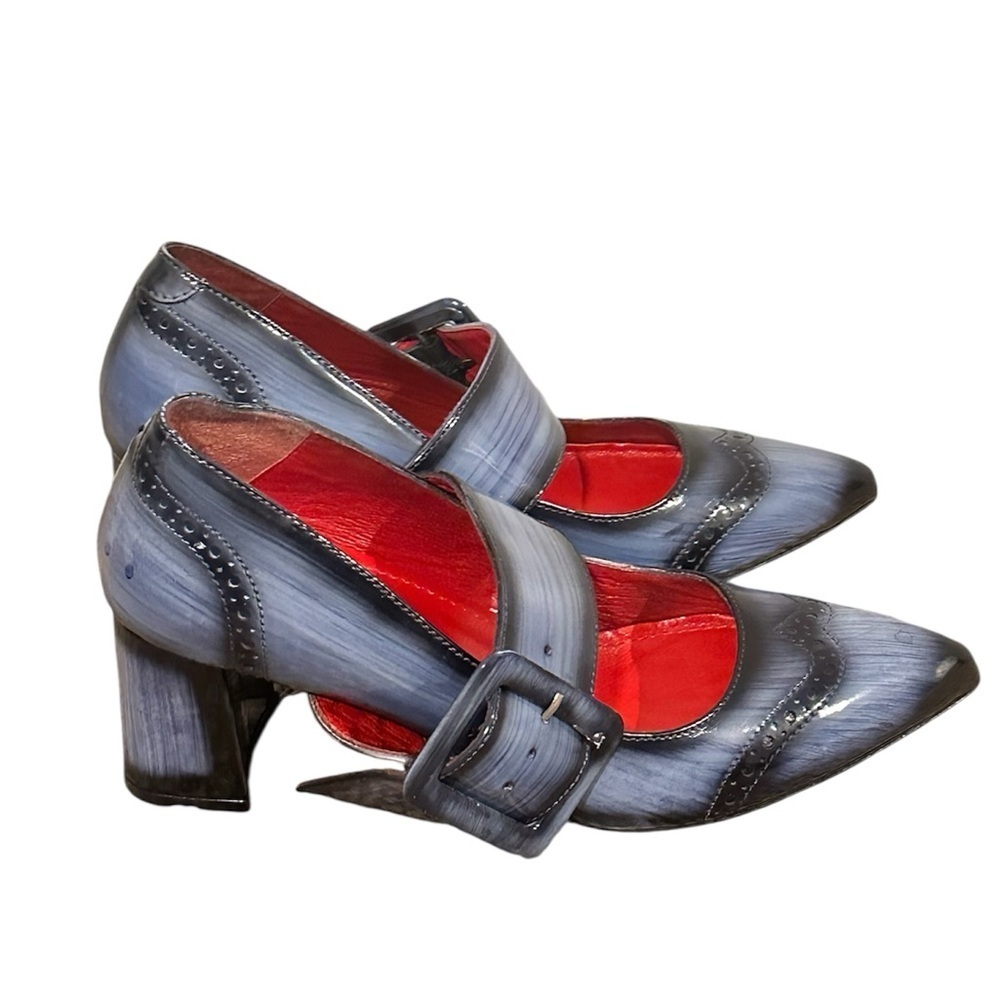 Girotti Handmade Block Heels Wingtip Buckle Pumps Black Gray Mary Jane Sz 40 - Picture 2 of 6